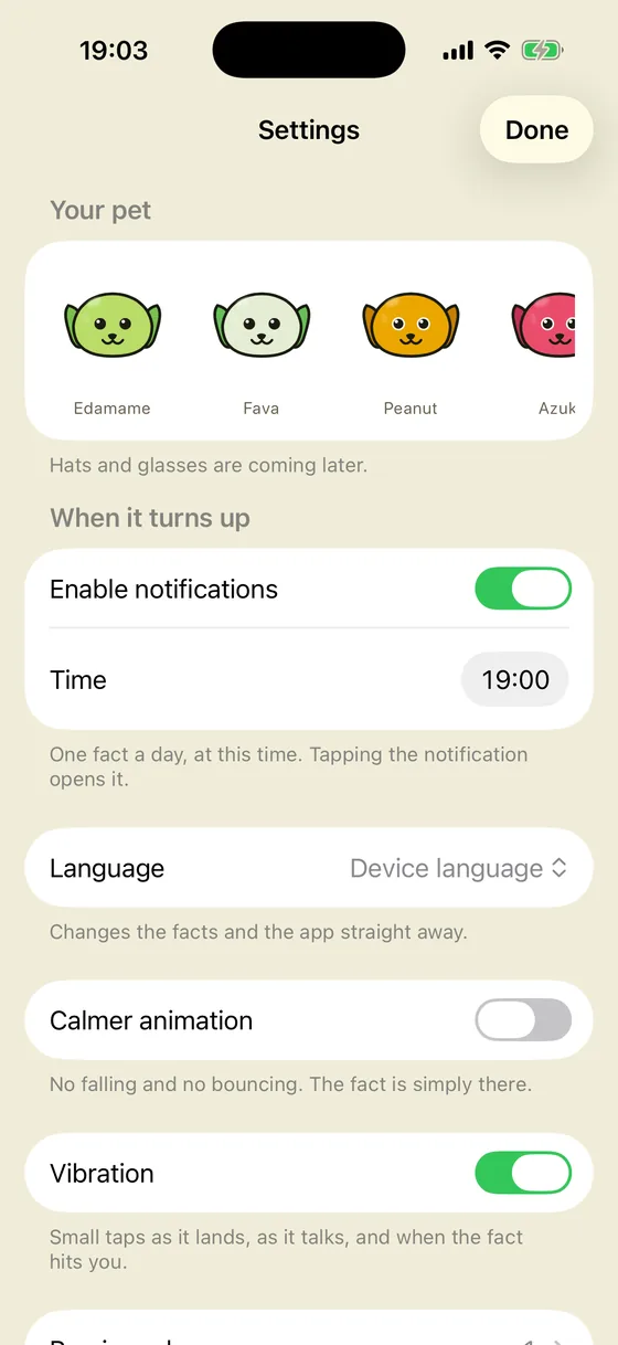 Settings, showing the row of pets to choose from and the daily reminder time.