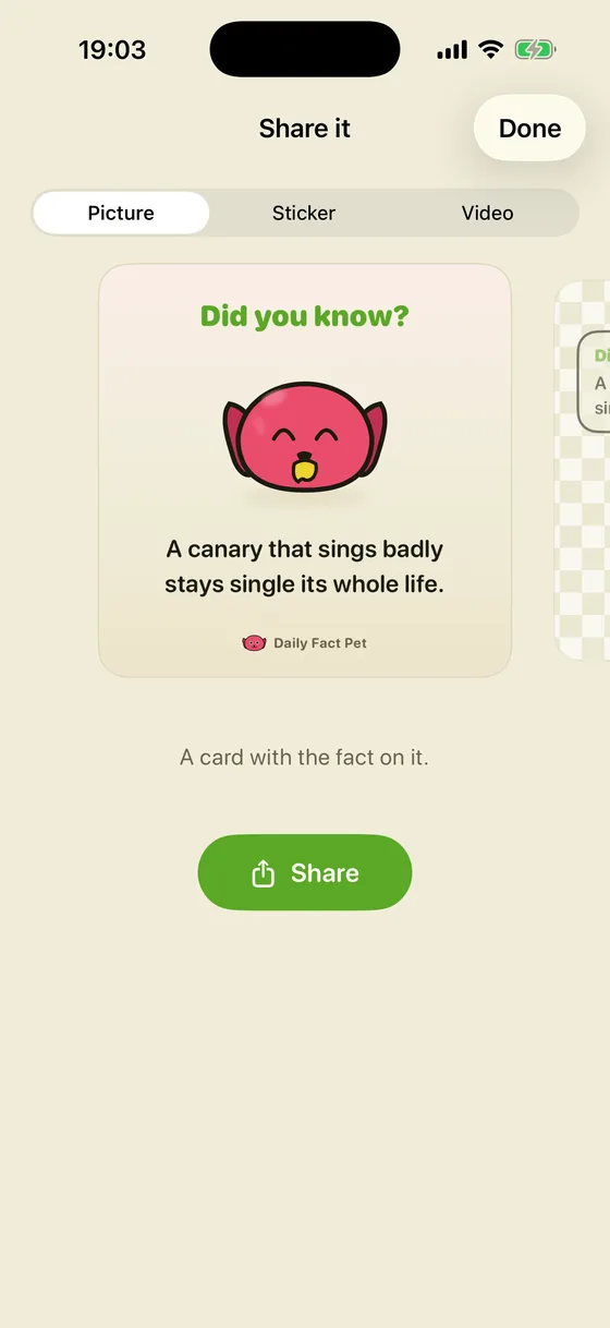 The share sheet, showing a card with the pet and the fact on it.